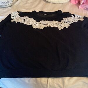 SHEIN Black Sweatshirt with White Lace Detail